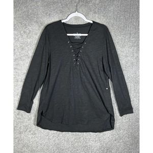 Neon Buddha Casagrande Lace Up Neckline Top Women Large Black Hi Low Long Sleeve